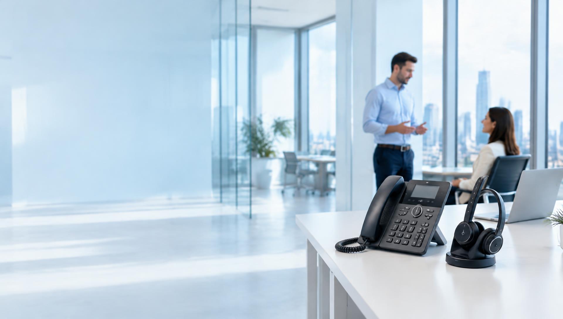 A business desk phone and headset in a bright contemporary office